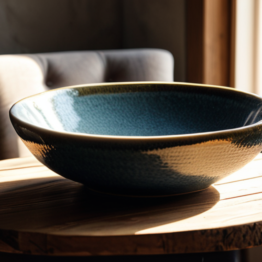 **

"A cozy living room scene. A handcrafted ceramic bowl sits on a rustic wooden table, sunlight streaming through a window illuminating its textured surface. Soft velvet cushions adorn a comfortable armchair. Warm lighting, safe for work, appropriate content, fully clothed, family-friendly, perfect anatomy, correct proportions, natural pose, professional photography, high quality."

**