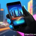 촉각적 디자인의 혁신적 접근 사례 - A futuristic smartphone interface showcasing advanced multi-dimensional touch technology, with a clo...